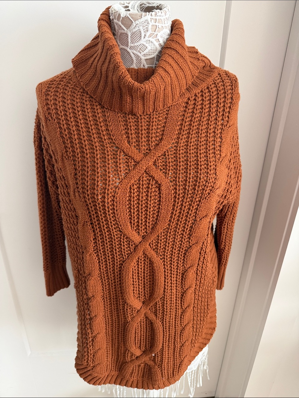 Express Cable Knit Cowl Turtleneck Sweater - Rust Orange